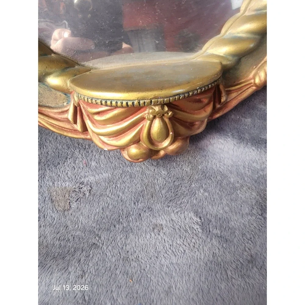 Vtg. Ornate Hollywood Regency Gold Red Wall Mirror Rope Genie Lamp Chalkware MCM